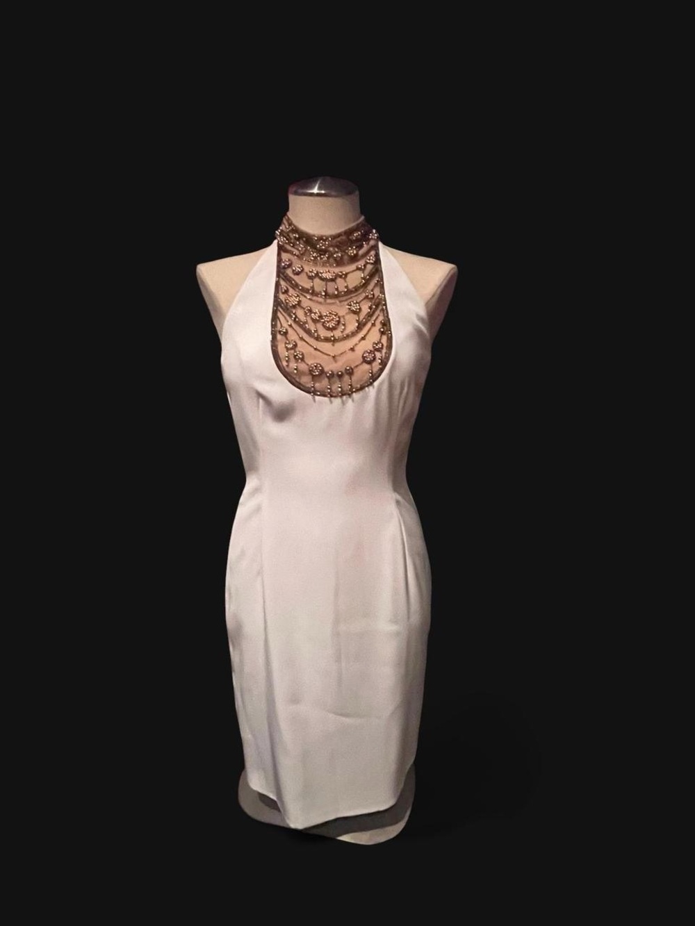 Ivory Halter Sheath Dress with Beaded Neckline